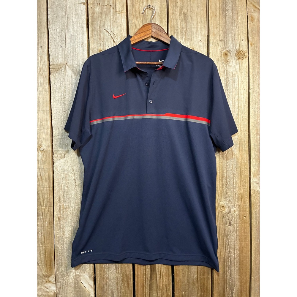 Nike Dri-FIT Mens Golf Polo Navy Blue Red Stripe Short Sleeve Shirt 746954-421 L